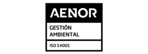 INKO Cocinas logotipo: fondo negro con AENOR y bloques blancos mostrando GESTIÓN AMBIENTAL ISO 14001