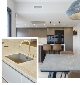 INKO Cocinas: cocina interior contemporánea de diseño premium con isla de mármol, grifo dorado y electrodomésticos integrados. Cocinas sostenibles