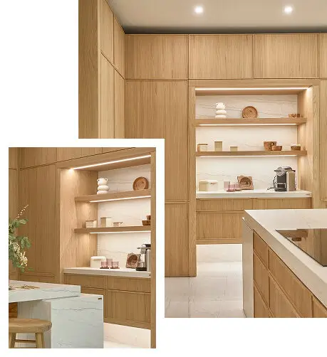 INKO Cocinas: cocina de madera con armarios y estanterías abiertas, diseño premium y iluminación cálida.